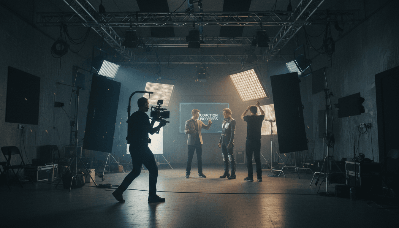 Video production crew filming in studio