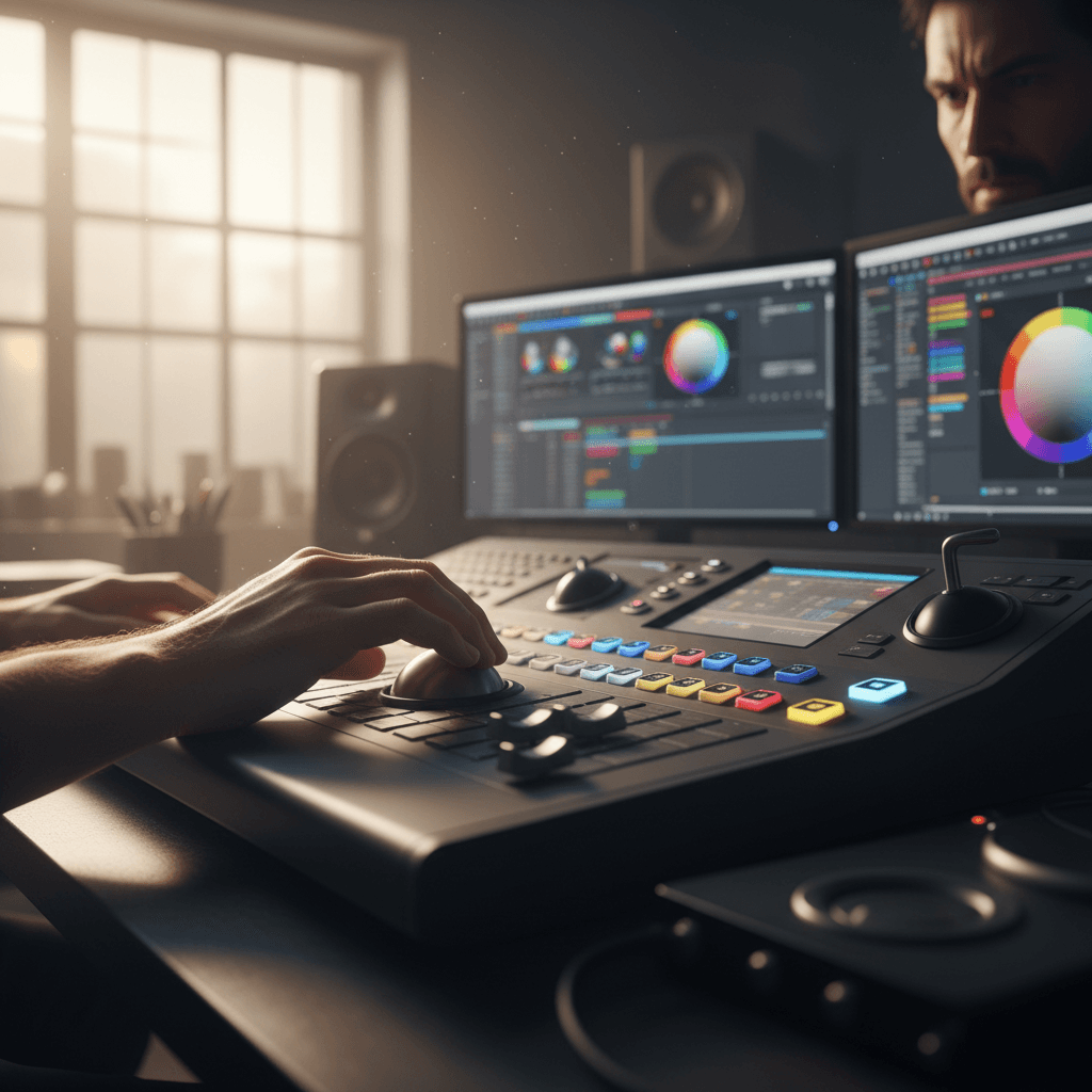 Video editor working on color grading during post-production