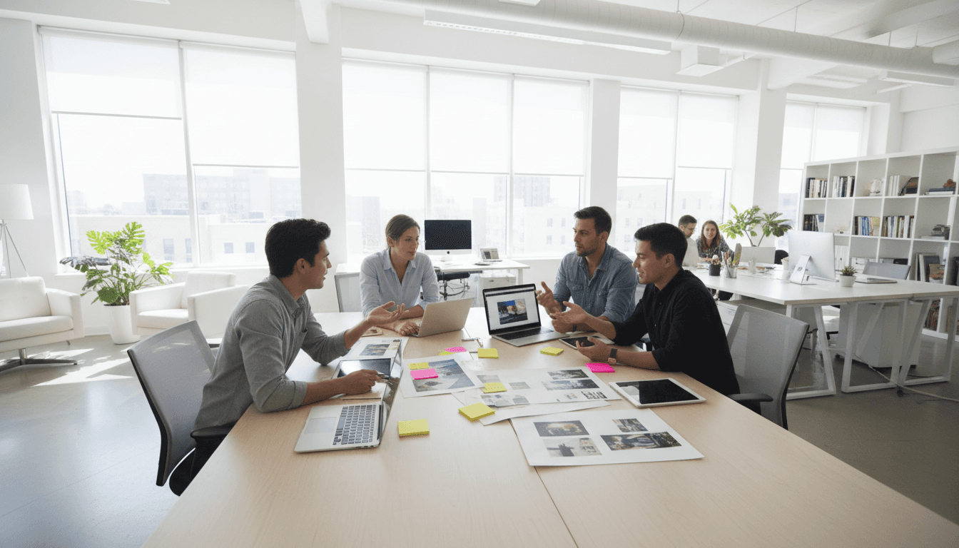 Creative team collaborating on media advertising strategy and content planning