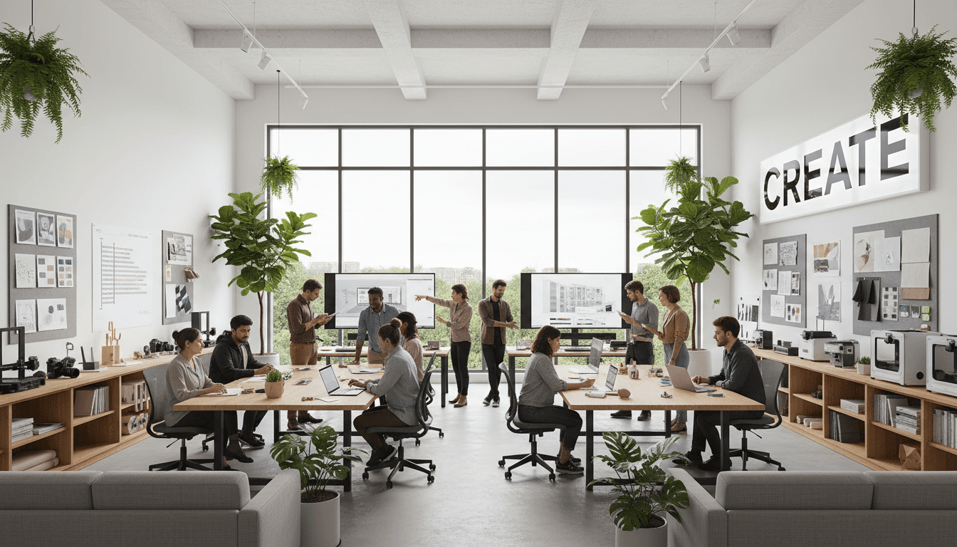 Creative workspace with design materials and editing setup