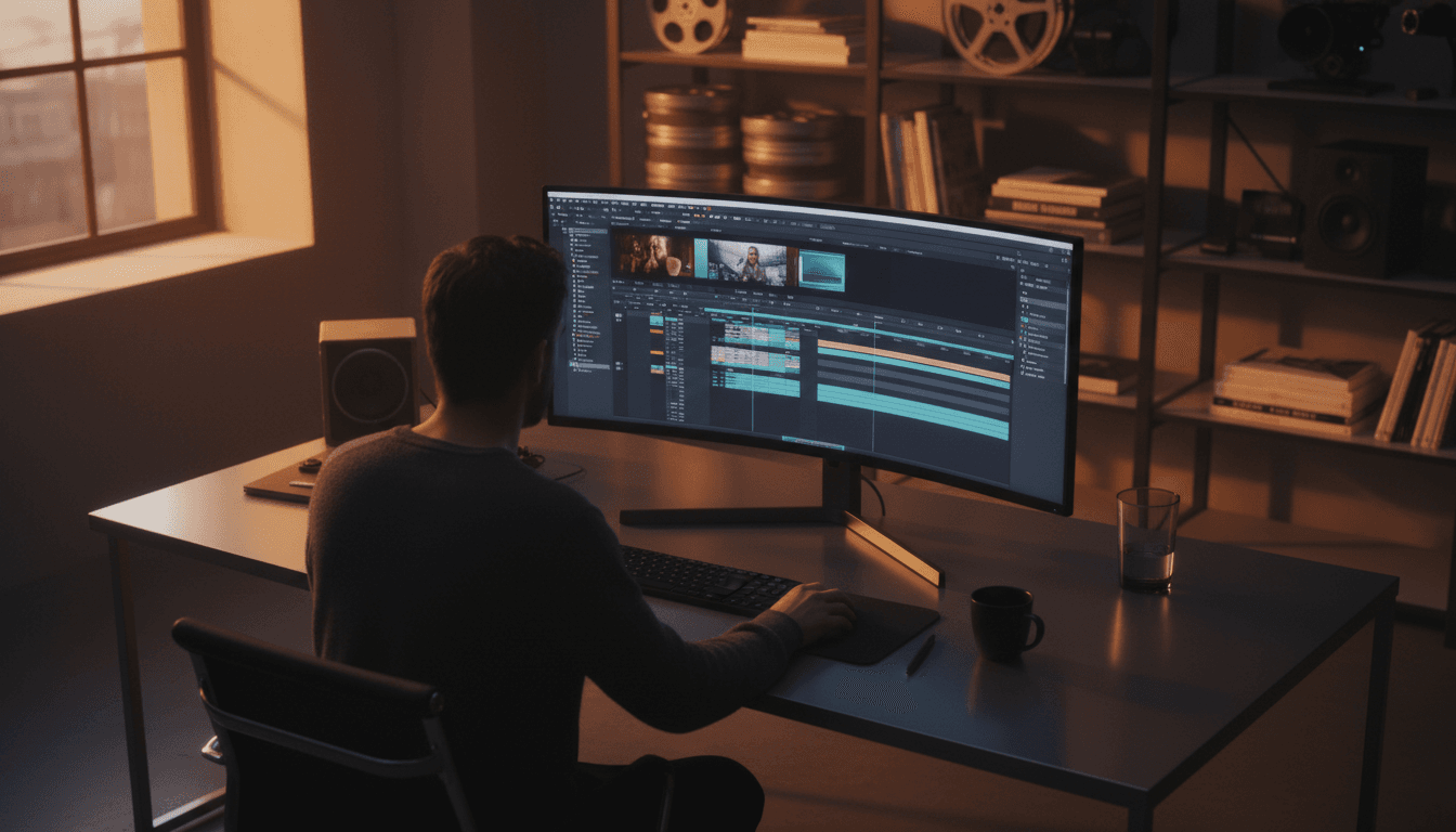 Video production workspace with professional equipment