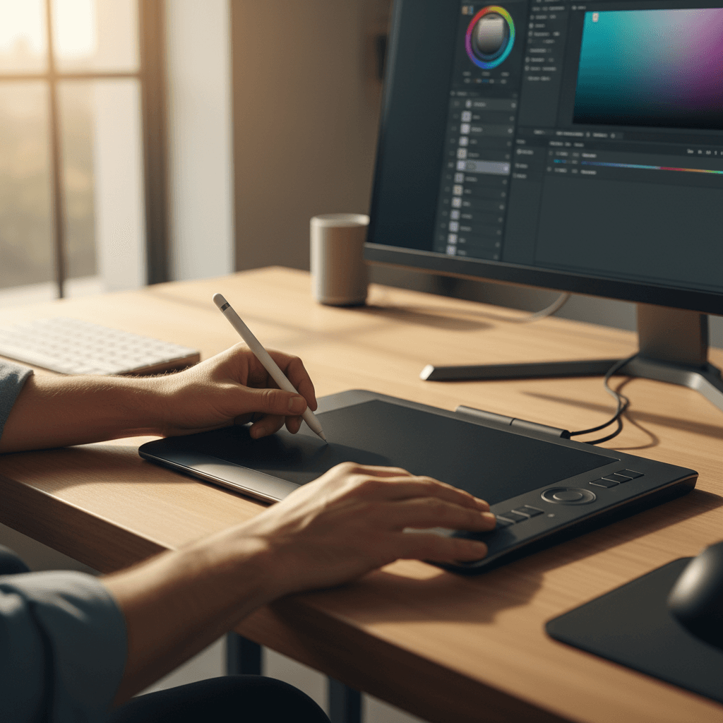 Designer retouching product image on tablet